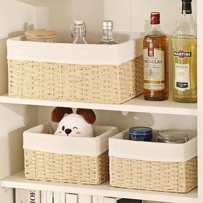 Vagusicc Wicker Basket, Set of 3 Hand-woven Storage Baskets for Organizing, Decorative Bathroom Wicker Storage Basket Bins with Handles, Small Toilet Paper Storage Baskets for Shelves & Decor, Beige