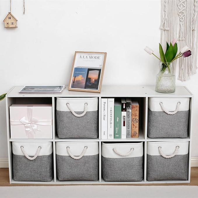 13 x 13 Inch Storage Cubes,6 Pack Cube Storage Bins for Shelves，Fabric Collapsible Storage Bins with Handles, Foldable Storage Basket for Organizing Clothes, Toys, Books (White&Gray)