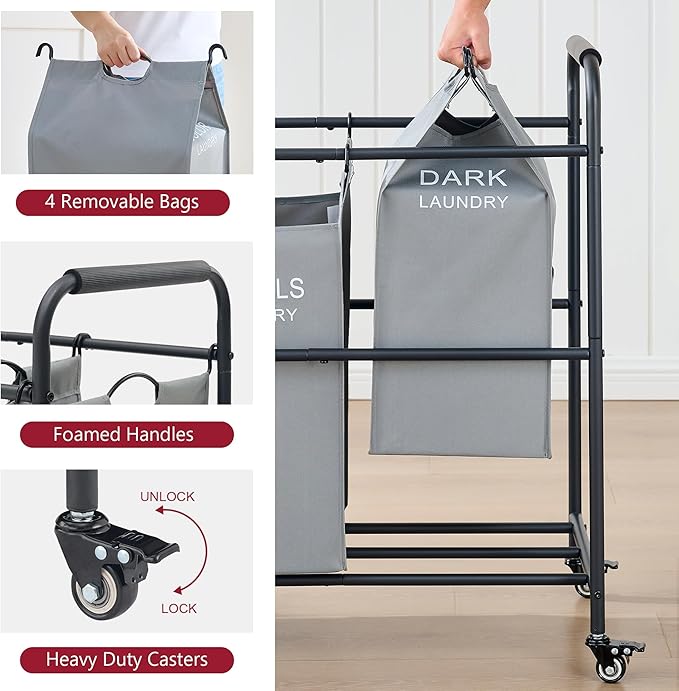Tajsoon 4 Bag Laundry Sorter Cart, 4 Section Laundry Hamper Sorter with Heavy Duty Lockable Rolling Wheels, Laundry Separator Hamper with Removable Bags for Dirty Clothes Storage, Grey