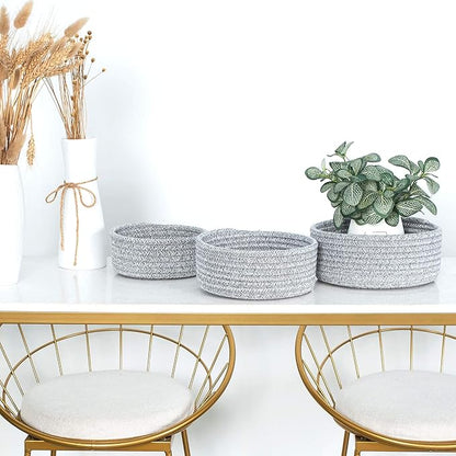 MINTWOOD Design Set of 3 Cotton Rope Nesting Bowls, Small Catch All Basket, Cute Closet Baskets and Bins for Shelves, Mini Table Basket Organizer for Small Accessories, Light Gray Mix
