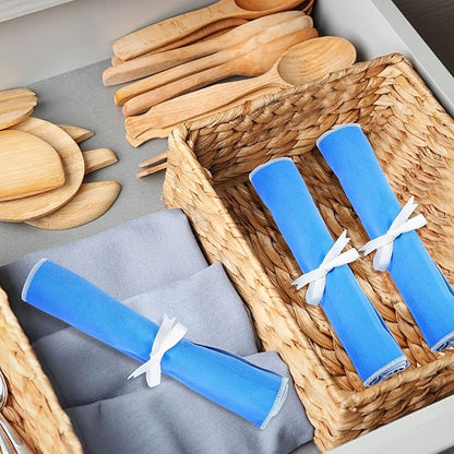 Saintrygo 6 Pieces Silver Storage Bags Anti Tarnish Silver Protector Bags Blue Holder for Silverware Flatware Storage Organizer Cloth Place Setting Roll with White Ribbon for Kitchen Utensils