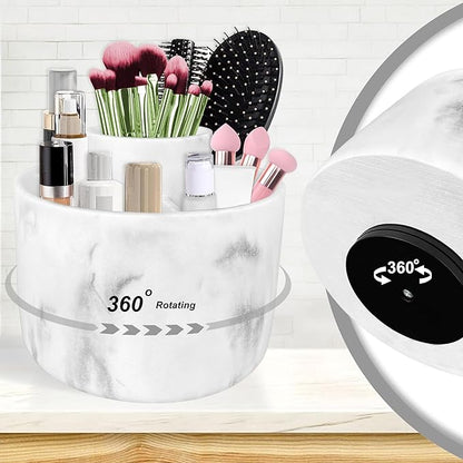 360° Rotate Makeup Brush Holder Organizer, Cosmetic Tool Storage Organizer, Cosmetic Display Case, Bathroom Toothbrush Holder, Office Desktop Storage Orgainzer, 4 Slot Resin White Marble, Smooth Spin