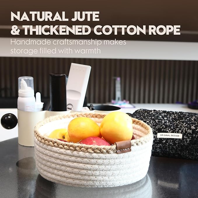 Sea Team 3-Pack Small Cotton Rope Storage Basket Set - Portable Round Organizers with Jute Braid for Small Items, Keys, Makeup & Trinkets