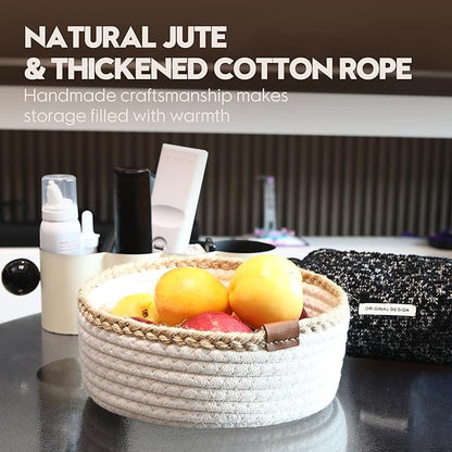 Sea Team 3-Pack Small Cotton Rope Storage Basket Set - Portable Round Organizers with Jute Braid for Small Items, Keys, Makeup & Trinkets