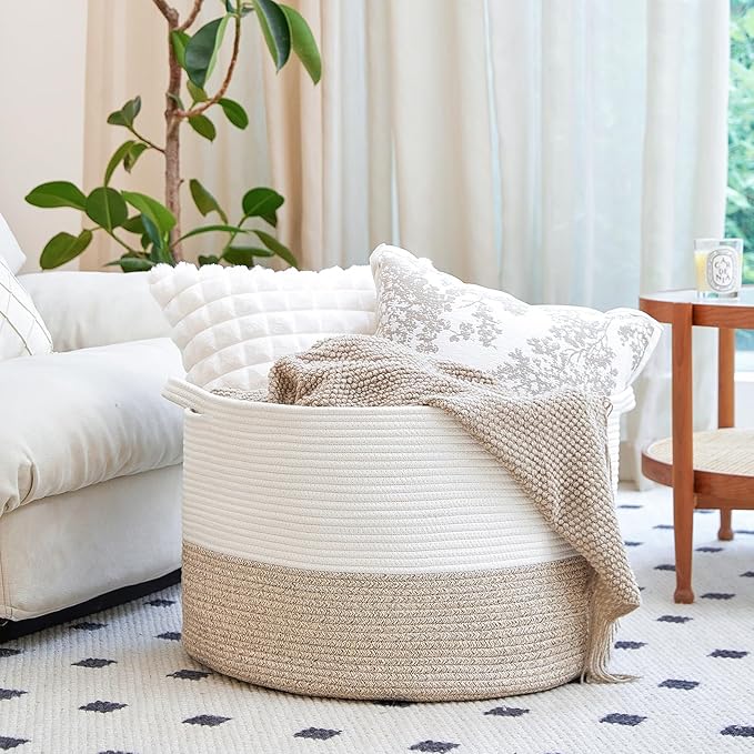 R RUNKA Extra Large Cotton Rope Basket 22" x 14" - Toy Basket for Kids -Blanket Basket for Living Room - Woven Baskets for Storage