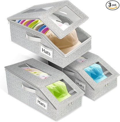 Stackable Hat Storage for Baseball Caps, 3 PCS Hat Storage Boxes for Closet, Holds up to 45 Caps with Cardboard, Hat Organizer for Women & Men(Two Clear Window) (Grey 3-pack)