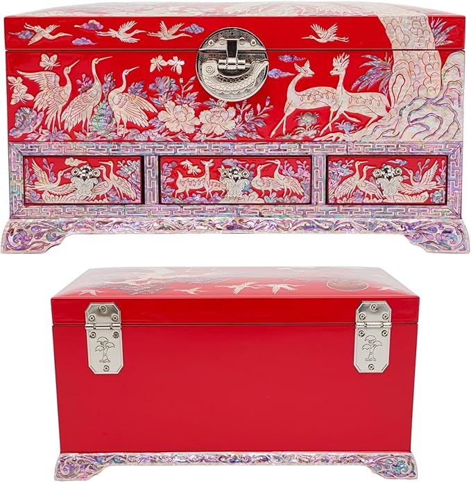 February Mountain Lockable Korean Mother-of-Pearl Jewelry Box - Najeon Chilgi Lacquerware with Crane and Floral Design, Vibrant Red Finish, Handmade