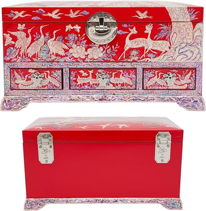 February Mountain Lockable Korean Mother-of-Pearl Jewelry Box - Najeon Chilgi Lacquerware with Crane and Floral Design, Vibrant Red Finish, Handmade