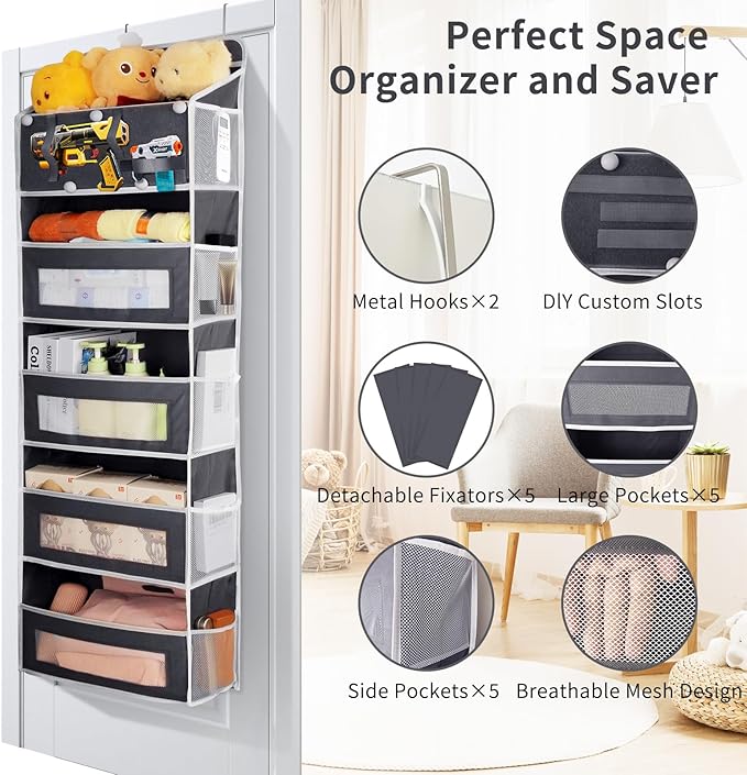 5-Tier Over the Door Storage Organizer with 5 Side Mesh Pockets, 40lbs Load Capacity with 2 Hooks, Behind Door Hanging Organizer for Closet Bathroom Bedroom Nursery - Grey