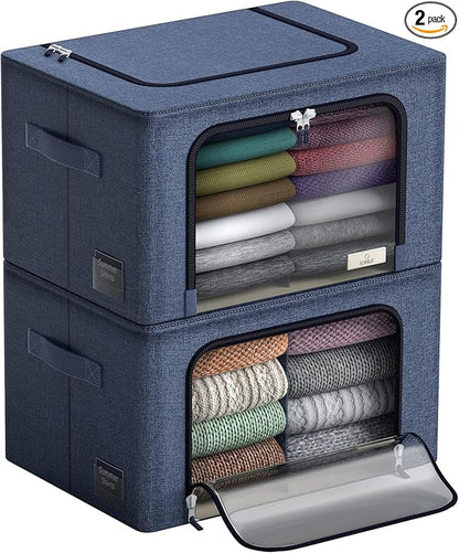 Sorbus Storage Bins with Metal Frame - Stackable & Foldable Clothes Organizer Bags - Oxford Fabric Storage Containers with Large Clear Window & Carry Handles Organization for Bedding Linen & Clothing