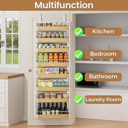 POKIPO 8 Tier Over The Door Pantry Organizer, 2 IN 1 Wall Mount or Hanging Spice Rack Seasoning Shelves with Adjustable Basket, Back of Door Organizer and Storage for Kitchen Cabinet and Room Closet
