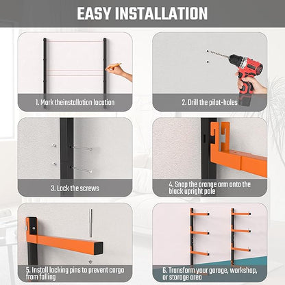 Lumber Storage Rack, Snap-Fit Connection Lumber Rack Wall Mount, Heavy Duty Metal 4 Level-32 Inch Wood Storage Rack