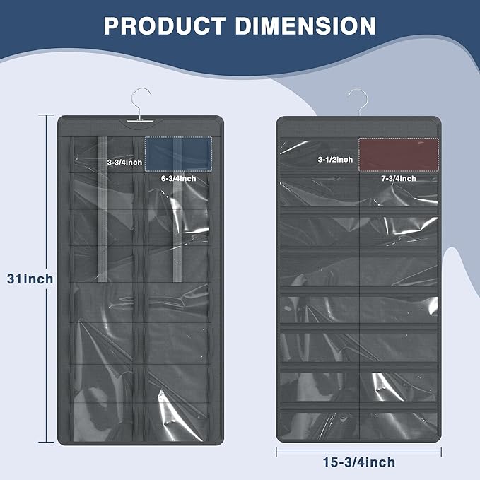 Hanging Sunglasses Organizer and Storage, Dual-Sided Sunglasses Case and Jewelry Holder, Wall-Mounted, 32 Clear Slots, Dust-Proof, Roof Design for Travel, Dark Gray