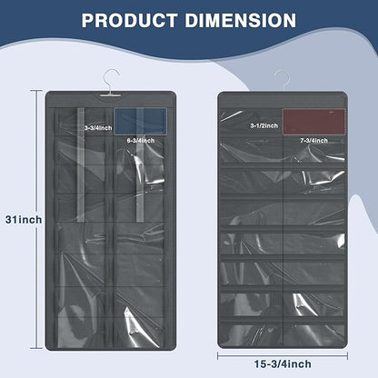 Hanging Sunglasses Organizer and Storage, Dual-Sided Sunglasses Case and Jewelry Holder, Wall-Mounted, 32 Clear Slots, Dust-Proof, Roof Design for Travel, Dark Gray