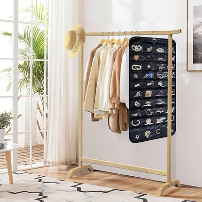 Hanging Jewelry Organizer Storage Roll with Hanger Metal Hooks Double-Sided Jewelry Holder for Necklaces, Earrings, Rings on Door, Wall, Closet, 80 Pocket Organizer,Black