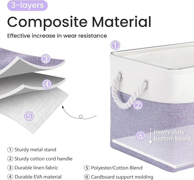 Large Storage Baskets- 15x11x10 inch Storage Bins for Shelves and Closet Organizing, Foldable Fabric Bin for Home Organization Clothes and Laundry (3-Pack, White&Purple)