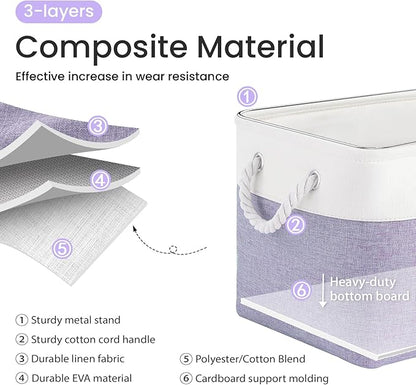 Large Storage Baskets- 15x11x10 inch Storage Bins for Shelves and Closet Organizing, Foldable Fabric Bin for Home Organization Clothes and Laundry (3-Pack, White&Purple)