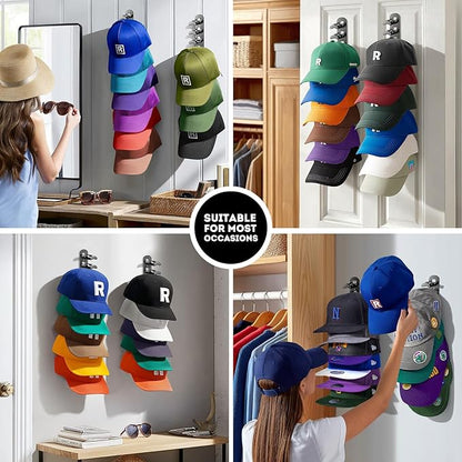 Hat Hook for Wall, 2 Pack Hat Organizer Hold up to 20 Hats,Hat Holder with Strong Adhesive and 8 Pack Screws, Cap Holder Hat Hangers for Wall Closet Door and Bedroom(B-Black)
