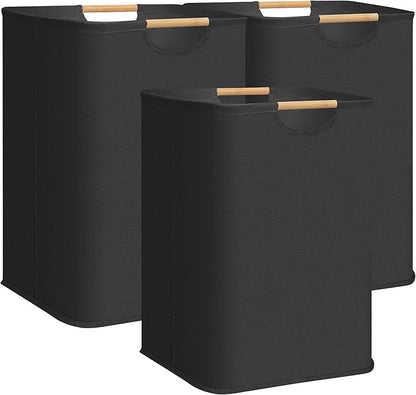 STORAGE MANIAC 3-Pack Large Laundry Hamper, 100L (26.4 Gal) Collapsible Laundry Basket with Bamboo Handles, Freestanding Waterproof Clothes Hamper for Laundry Room, Bedroom, Dorm, Towels, Toys, Black
