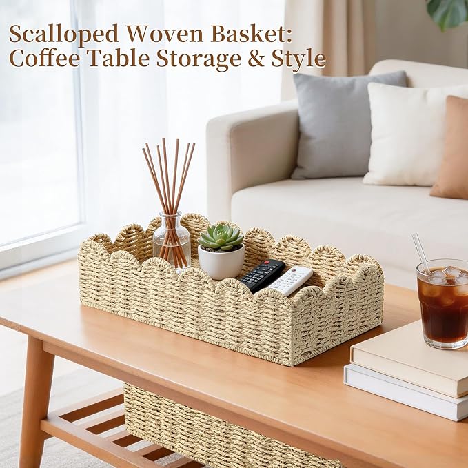 Upgraded Scalloped Wicker Toilet Paper Storage Basket, Handwoven Paper Rope Organizer for Toilet Tank & Shelves, Living Room, Bedroom & Entryway, Decorative Woven Bin, Beige L