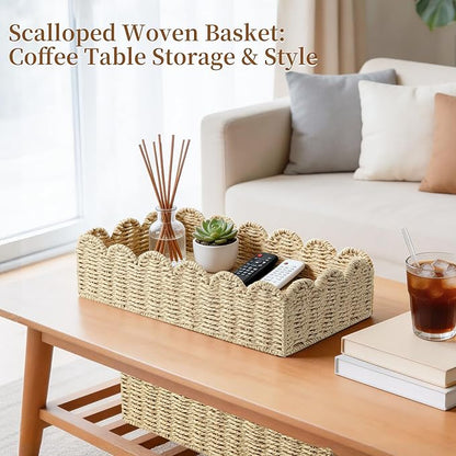 2 Pack Scalloped Wicker Shelf Baskets，Handwoven Paper Rope Basket Organizer for Toilet Tank & Shelves, Decorative Woven Storage Bin for Living Room, Bedroom & Entryway, Beige