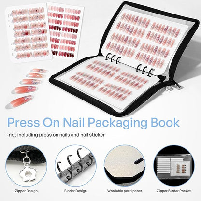 18PCS Press On Nail Organizer Clear Empty Press on Nail Packaging Set with 8 Insert Pages,8 nail double tape and 1 Zipper Pocket for Fake Nail Storage Nail Art Salon (black)