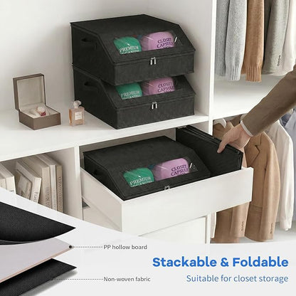 2 Pack Hat Storage for Baseball Caps, Holds up to 48 Caps, Stackable Hat Organizer for Closet, Dustproof Hat Box with Clear Window, Hollow Board Support & 2 Handles, Flip-Top Access (Black)