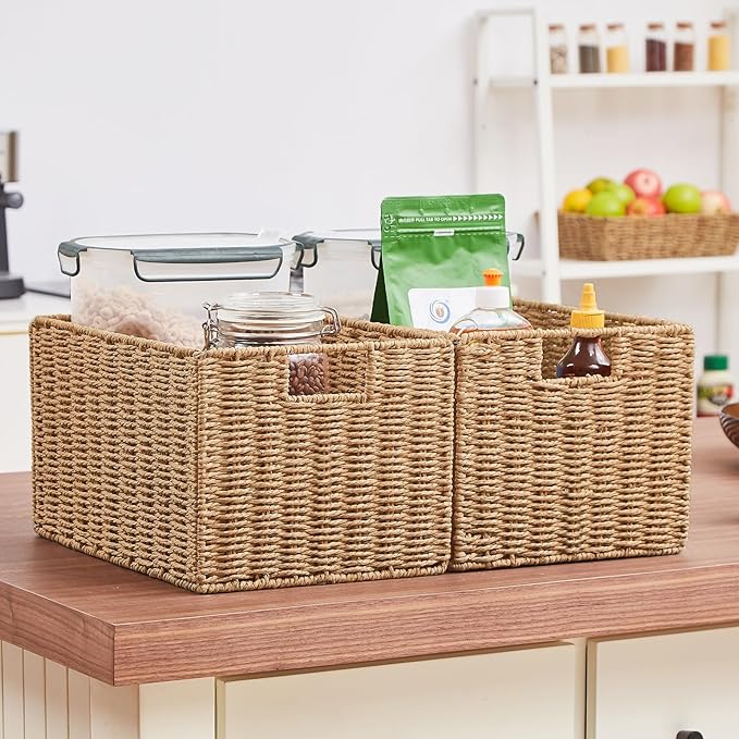 Vagusicc Wicker Storage Basket, Set of 2 Hand-Woven Paper Rope Wicker Basket, Small Storage Baskets for Organizing Toilet Paper Basket, Foldable Large Cube Storage Organizer Bins for Shelves (Natural)