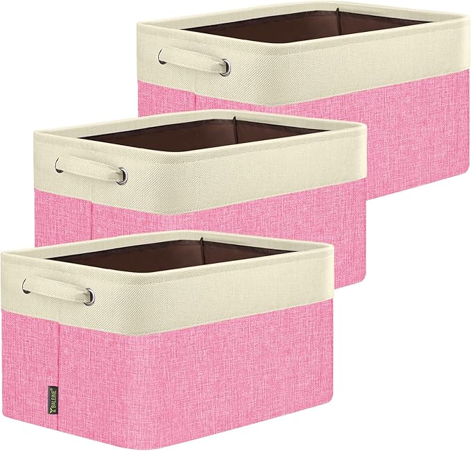BALEINE 3 Pack Fabric Closet Storage Bins for Shelves, Linen Closet Organizers and Storage, Decorative Baskets for Organizing, Shelf, Clothes, Home, Office (Pink, 14''x10''x8.5')