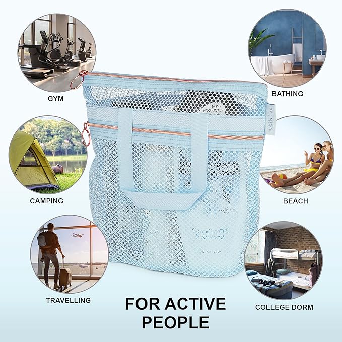 DV Lifestyle Mesh Shower Bag 10.2x9.9'' Quick-Dry Caddy with Zipper & 2 Pockets. Portable Toiletry Tote for Bathroom, Gym, Travel, Camp, Beach, for Sunscreen, Dorm & College Essentials (Blue)