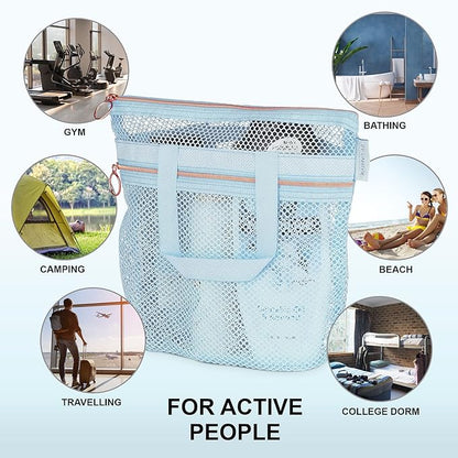 DV Lifestyle Mesh Shower Bag 10.2x9.9'' Quick-Dry Caddy with Zipper & 2 Pockets. Portable Toiletry Tote for Bathroom, Gym, Travel, Camp, Beach, for Sunscreen, Dorm & College Essentials (Blue)