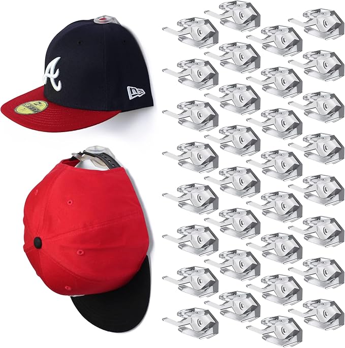 Modern JP Adhesive Hat Hooks for Wall (32-Pack) - Hat Rack for Baseball Caps, Minimalist Hat Display, Strong Hold Hat Hangers for Wall - USA Patented, Clear