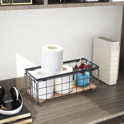 TIEYIPIN Metal Wire Storage Basket, Toilet Paper Roll Holder Wood Base Countertop Decor Box Toilet Tank Shelf Cabinet Organizer for Bathroom Pantry Garage Bedroom Livingroom (Black (2 Pack))
