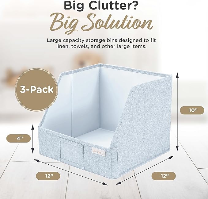 VIVIDECOR Open Front Trapezoid Closet Bins 12x12x10 – Easy Access Shelf Organizer for Folded Clothes, Fabric Storage Baskets for Sweaters, Towels, Linen – Light Blue, 3 Pack