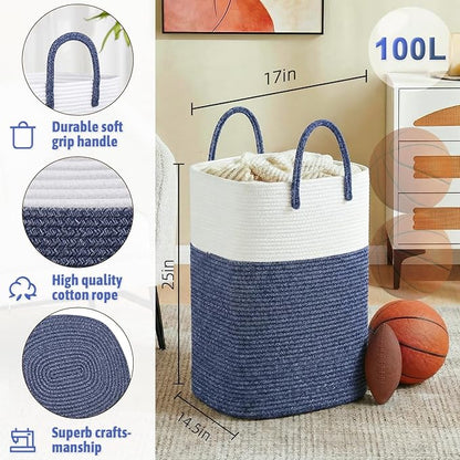 Laundry Basket,Woven Cotton Rope Laundry Hamper,Versatile Storage for Dirty Clothes,Baby Toys,and Blankets in Bathroom, Nursery,and Living Room (Blue, 100L)