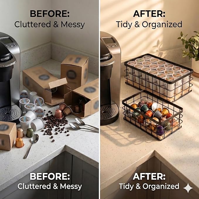 2-Pack Coffee Pod Holder Basket with Wood Base - Modern Rustic Coffee Pods Organizer for Coffee Station & Bar, High-Capacity Wire Capsule Storage for Kitchen Countertop Office