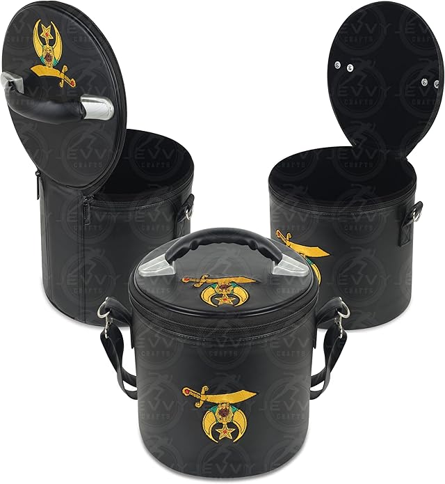 Shriner Fez Regalia Case – Black Faux Leather with Embroidered Emblems, Handle & Hanging Shoulder Strap – Masonic Storage Bag