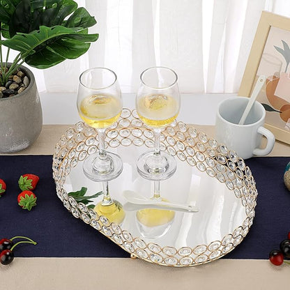 Hipiwe Crystal Vanity Tray Mirrored Dresser Perfume Trays for Makeup Tray Cosmetic Skin Care Storage, Jewelry Trinket Organizer Tray for Bathroom Countertop Home Decor (Large, Gold)