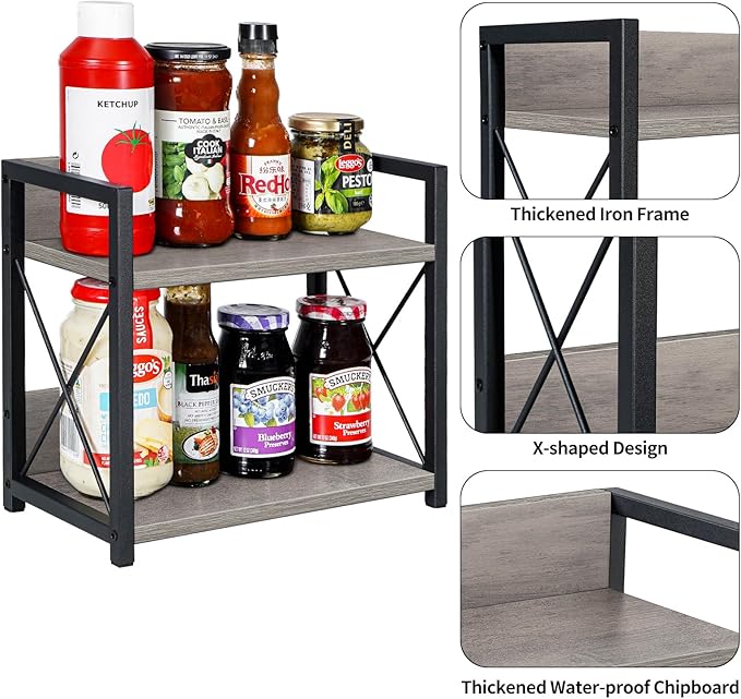 Giikin Countertop Shelf Organizer, 2 Tier Kitchen Spice Rack for Countertop, Wood Coffee Counter Shelf for Home, Particle Board and Metal, Grey, Small