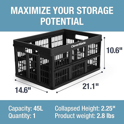 CleverMade Collapsible Utility Crate 45L Foldable Plastic Crate with Heavy Duty 66 lb Capacity for Storage, Trunk Organization, & Moving - Obsidian