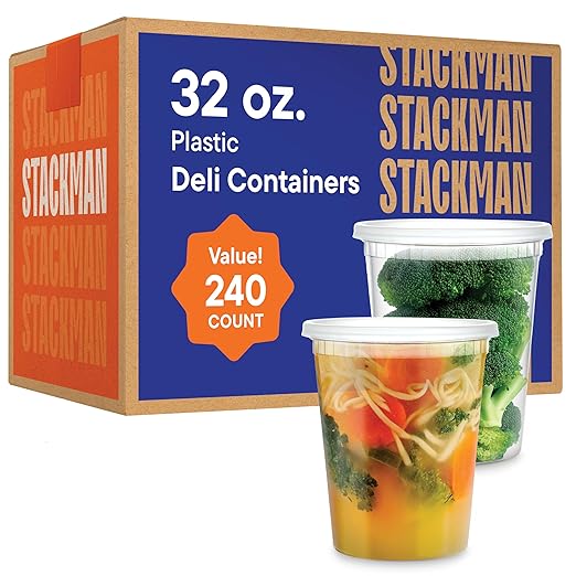 [240 Sets - 32 oz.] Clear Plastic Deli Food Storage Containers with Airtight Lids - Soup Containers - Bulk Pack - 240/Case - Stack Man Brand