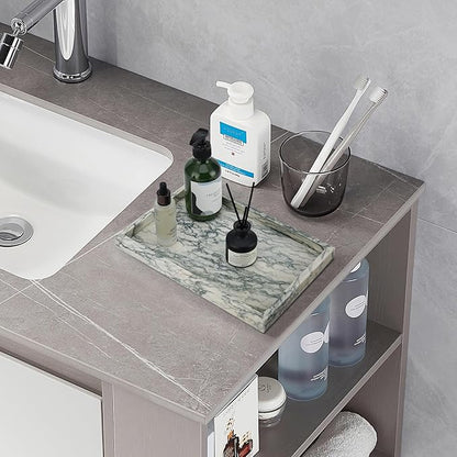 Real Natural Marble Tray for Bathroom, Vanity, Kitchen and Desktop, Rectangle Genuine Marble Stone Tray for Jewelry, Cosmetics, Candles, Lotion, Perfume (Cyan-Green, 12" x 8" x 1.2")