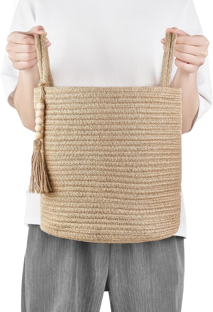 Mkono Woven Storage Basket Decorative Natural Rope Basket Wooden Bead Decoration for Blankets,Toys,Clothes,Shoes,Plant Organizer Bin with Handles Living Room Home Decor (Brown, 28 x 28cm)