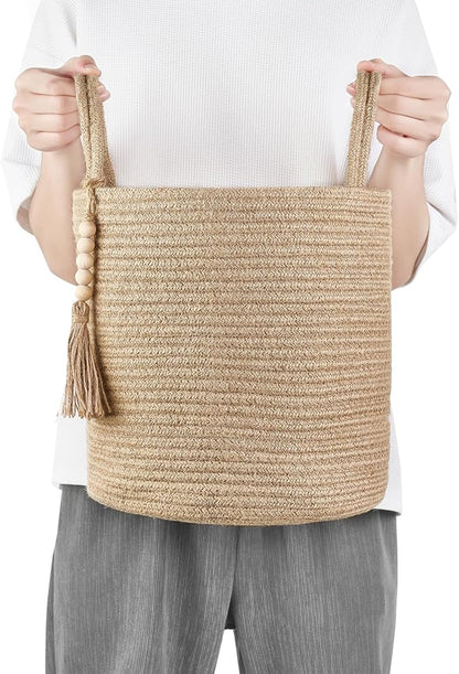 Mkono Woven Storage Basket Decorative Natural Rope Basket Wooden Bead Decoration for Blankets,Toys,Clothes,Shoes,Plant Organizer Bin with Handles Living Room Home Decor (Brown, 28 x 28cm)