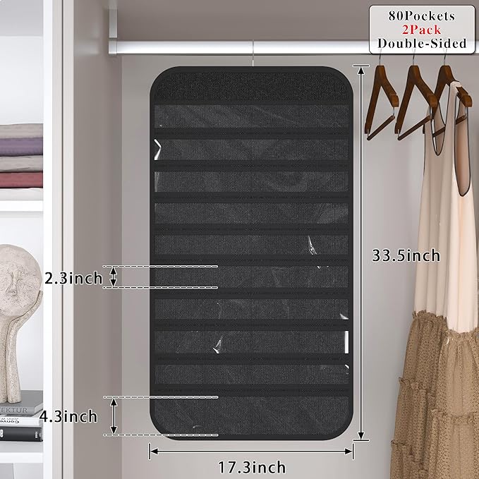 2 Pack Hanging Jewelry Organizer 80-Pocket Dual-sided Jewelry Storage for Earring Necklace Bracelet Ring Travel Holder, Black