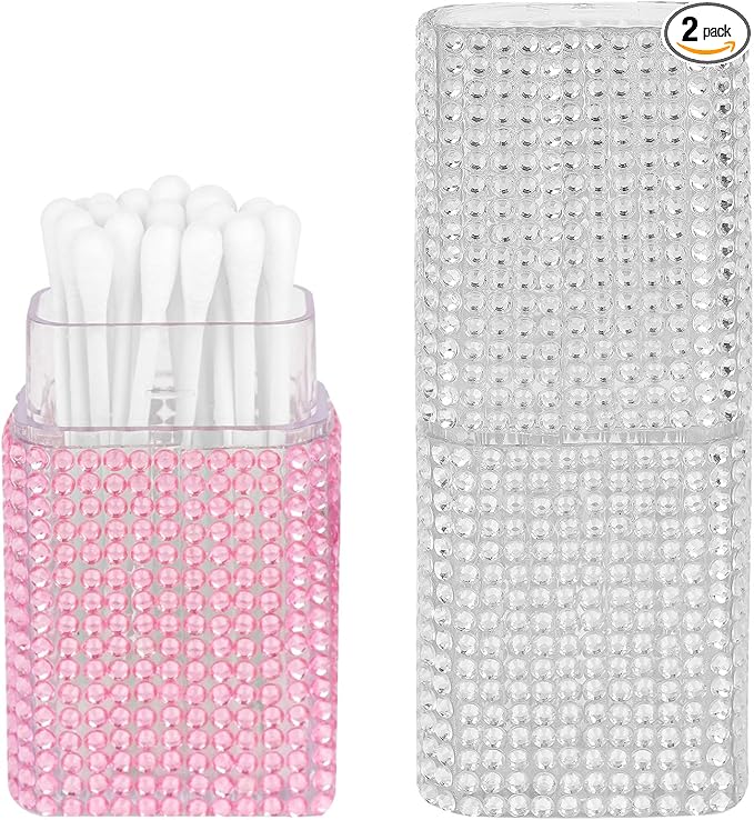 2 Pack Cotton Swab Holder for Travel, Portable Diamond Dental Floss Storage Box, Small Qtips Case Cosmetic Sponge Dispenser Container (White & Pink)
