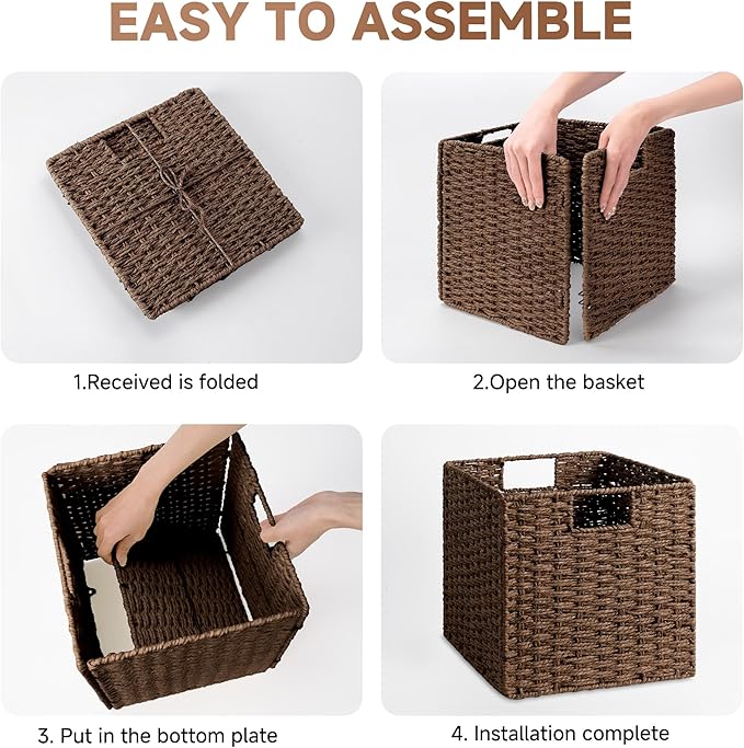 StorageWorks 11 inch Wicker Storage Cubes, Handwoven Cube Storage Bin, Square Cubes Basket, Foldable Paper Rope Basket for Organizing, Brown, 2 Pack
