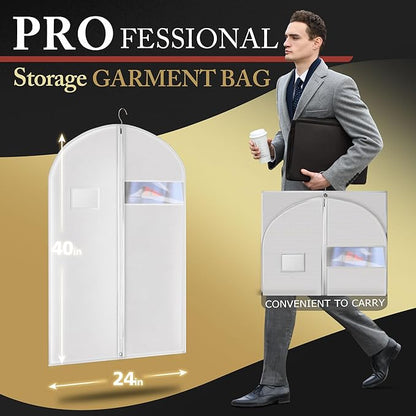 10 Pack 40-inch Garment Bags for Travel, Garment Bags for Hanging Clothes with Zipper and Visible Transparent Window, White