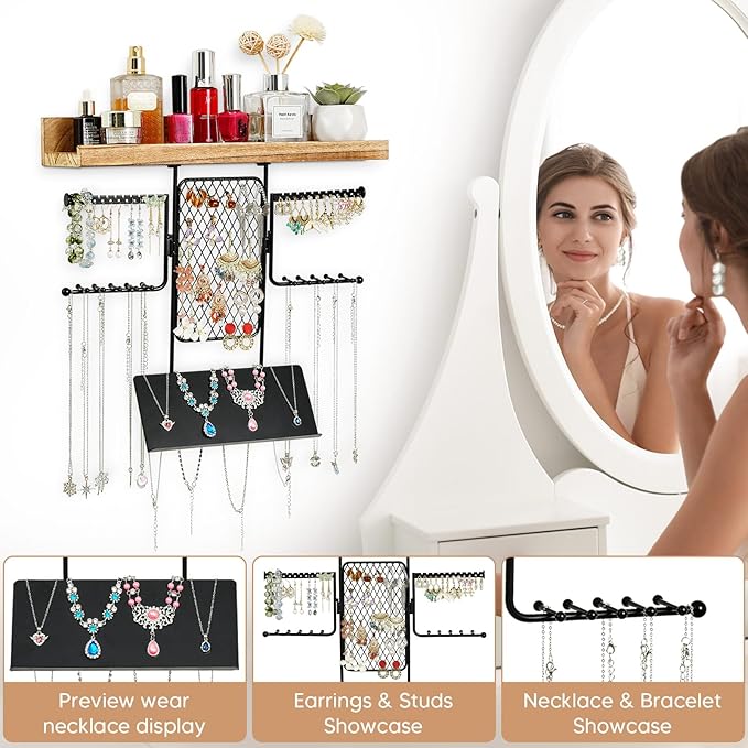 Hanging Jewelry Organizer, Wall Jewelry Organizer with Shelf for Women, Rustic Wooden Necklace Holder Wall Mounted, Earring Holder Organizer Display for Earrings Bracelets Necklaces