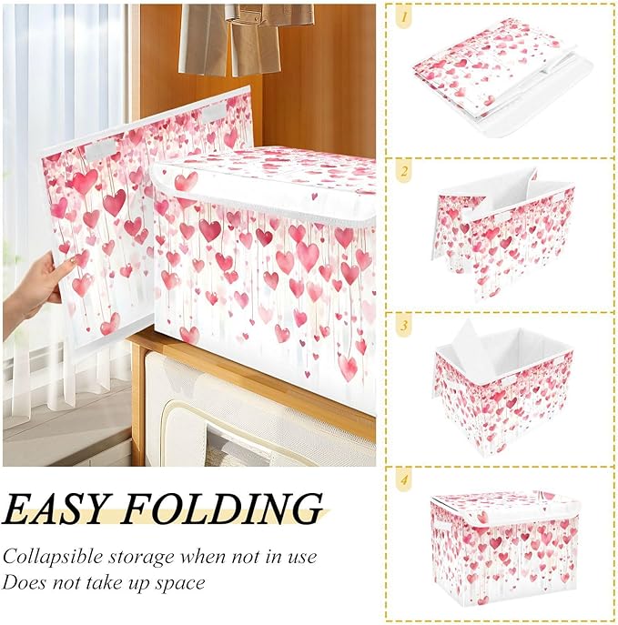 senya Valentines Baskets Collapsible Storage Bins with Lids, Valentines Romantic Love Storage Boxes Clothes Baskets for Organizing